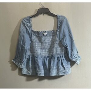American Eagle Outfitters Light Blue Crochet-Front Peasant Crop Top